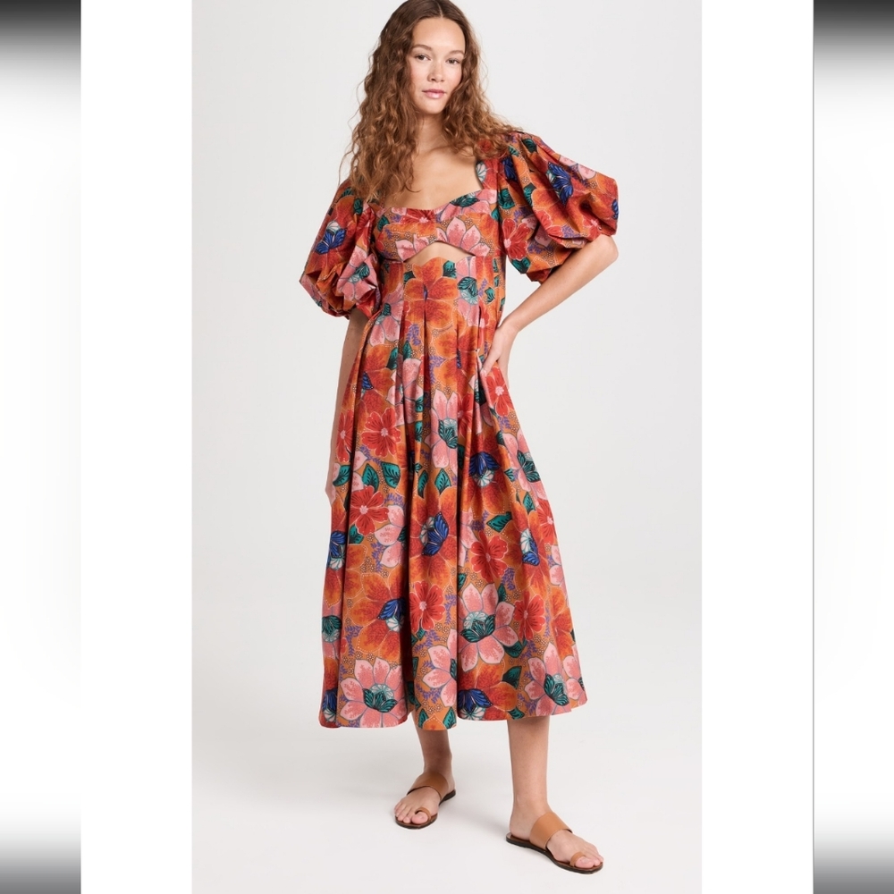 NWT FARM Rio Marias Floral Orange Cut Out Midi Dress